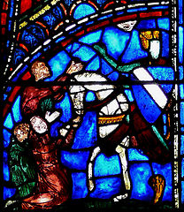 Chevalier portant le blason de la famille de Champagne, probablement Thibaud VI - Vie de la Vierge (baie 28b).