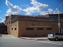 Chesapeake Detention Facility on East Madison Street, east of The Fallsway across from the old historic Maryland Penitentiary and the adjacent Baltimore City Jail / Baltimore City Detention Center in Baltimore, (formerly "SuperMax"). Chesapeake Detention Facility.JPG