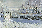 A pega, 1868–1869. Museu d'Orsay, Paris; uma das primeiras tentativas de Monet em capturar o efeito da neve na paisagem. Veja também Neve em Argenteuil