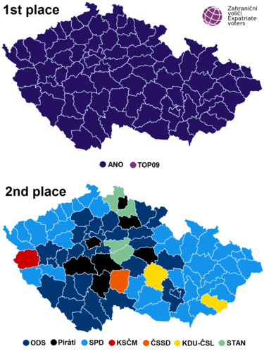 Czech parliament elections districts winner and runner-up map 2017.png