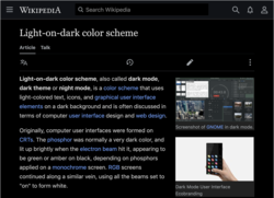 Dark-mode user script screenshot 2019-09-20 Light-on-dark color scheme - Wikipedia.png