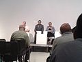 Čeština: Panelová debata "Nezávislá justice. Realita, nebo fikce?" v Centru současného umění DOX, zleva Petr Havlík (?), Vojtěch Cepl ml., Iva Brožová