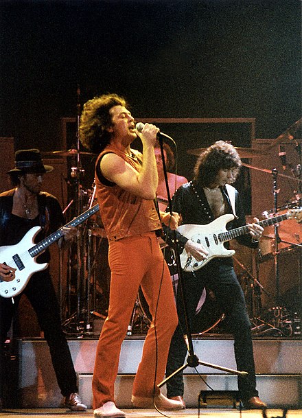 Deep Purple Mark II at the Cow Palace, San Francisco, 1985. Pictured left to right: Roger Glover, Ian Gillan, Ian Paice, Richie Blackmore (out of shot: Jon Lord).
