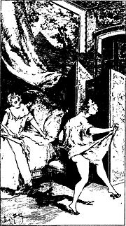 Femeia șezând sări din pat.  Fată tânără aproape goală care schițează un pas de dans în fața ei, alb-negru