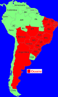 Mapa mostrando ocorrência nas regiões Nordeste, Centro-Oeste, Sudeste e Sul do Brasil e na Argentina, Bolívia e Paraguai.