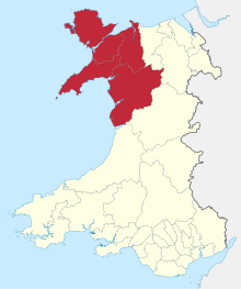 Gwynedd (red) as a county split into its districts from 1974 to 1996 when it also included the isle of Anglesey and the District of Aberconwy. Districts Gwynedd 1974-96 Wales.svg