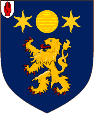 Azure a Lion rampant in chief a Sphere between two Estoiles Or Dryden Escutcheon.png