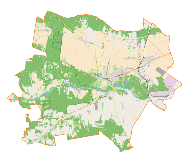 Mapa konturowa gminy Działoszyn, w centrum znajduje się punkt z opisem „Działoszyn”