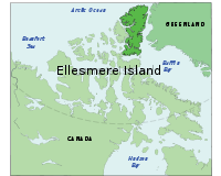 En vert foncé, l'île d'Ellesmere, lieu où ont été découverts les fossiles de l'animal.