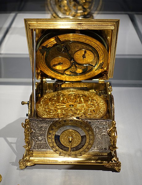 File:Equation clock, made for Landgrave William IV of Hesse-Kassel by Jost Burgi and Hans Jacob Emck, Germany, Kassel, 1591, gilt brass, silver, iron - Metropolitan Museum of Art - New York City - DSC07083.jpg