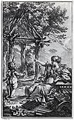 Frontispiece of Essai sur l'Architecture by Marc-Antoine Laugier from 1755, showing and allegorical image of the Vitruvian primitive hut