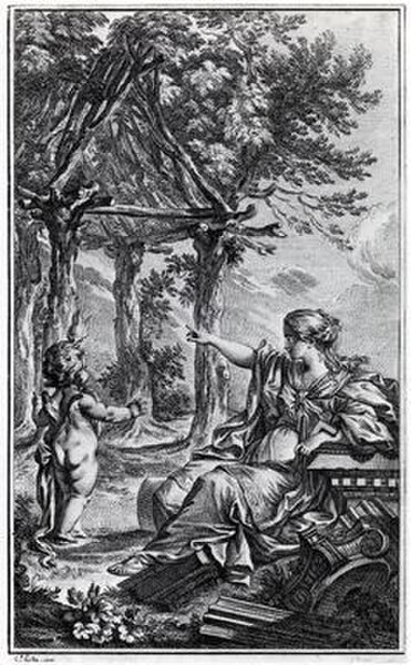 Frontispiece of Marc-Antoine Laugier's "Essai sur l'Architecture", 2nd ed. 1755 by Charles Eisen (1720–1778). Allegorical engraving of the Vitruvian p
