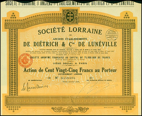 Share of the Société Lorraine des Anciens Établissements De Dietrich et Cie, issued January 1928