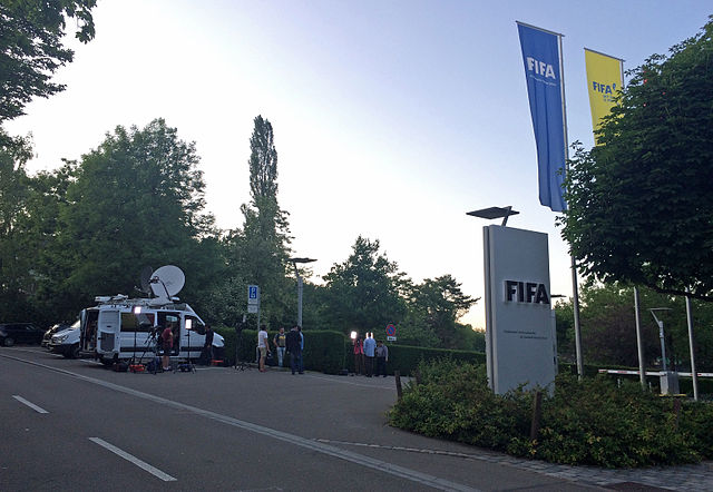 Media in front of FIFA headquarters after Blatter's resignation