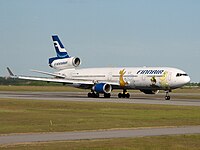 Finnair MD-11 decorated with Moomin characters serving the Japanese route