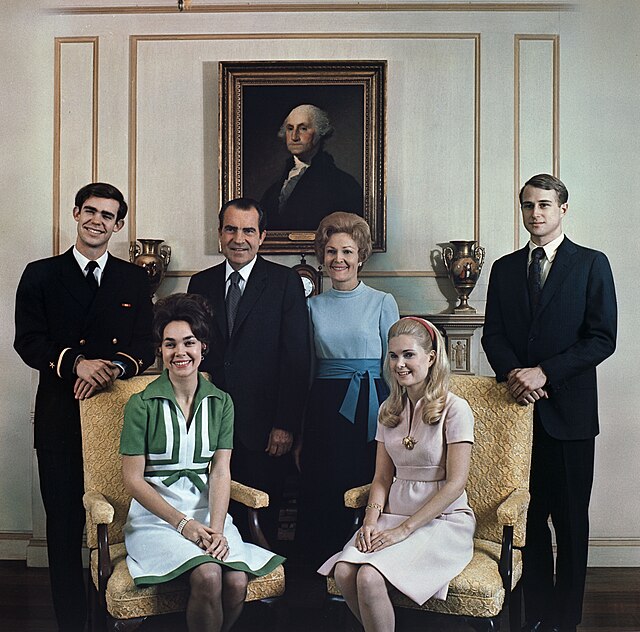 Nixon's family: Julie and David Eisenhower, President Nixon, First Lady Pat Nixon, Tricia, and Edward Cox on December 24, 1971