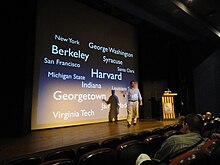 A speaker giving a presentation with an RF pointer in his left hand Frank Schulenburg giving a presentation at Wikimania 2011.jpg