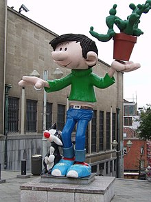 Statue de Gaston Lagaffe et de son chat à Bruxelles.