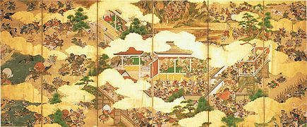 Scène de la guerre de Genpei (1180-1185). Kanō Motonobu, (1476-1569). Paravent à six feuilles.