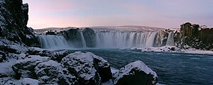 Panorama of Goðafoss in winter