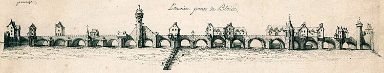 Engraving of the medieval bridge between Blois -on the right- and Vienne -on the left- (municipal archives)