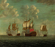 Rebaptisé HMS Centaur, il poursuit sa carrière dans la Royal Navy. Ici, en action en 1760 contre un vaisseau et une frégate française.