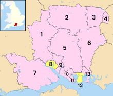 The county council has authority over the pink area, formally called the non-metropolitan county. The wider ceremonial county of Hampshire additionally includes the two unitary authorities of Southampton (8) and Portsmouth (12) shown in yellow. Hampshire numbered districts.svg