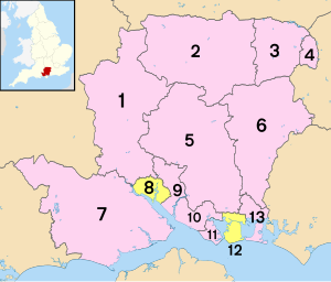      Unitarna uprava;      Područje grofovijskog Vijeća (1) Test Valley, (2) Basingstoke and Deane, (3) Hart, (4) Rushmoor, (5) Winchester, (6) East Hampshire, (7) New Forest, (8) Southampton (unitarna uprava), (9) Eastleigh, (10) Fareham, (11) Gosport, (12) Portsmouth (Unitarna uprava) (13) Havant.