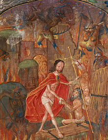 Harrowing of Hell. Christ leads Adam by the hand, c.1504 Harrowing of hell Christ leads Adam by the hand. On scroll in border, the motto 'Entre tenir Dieu le viuelle' (f. 125) Cropped.jpg