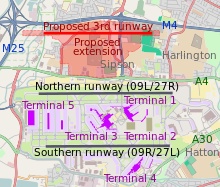 Map of Heathrow Airport showing the original proposed extension and third runway; T1 and T2 operations have since merged into the new T2 terminal Heathrow Airport map with third runway.svg