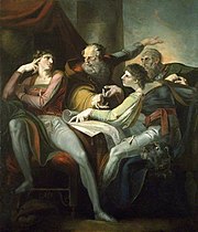 Painting of Shakespeare's play Henry IV: featuring Owen Glendower with members of his family ; Hotspur and Mortimer Henry Fuseli (1741-1825) - Dispute between Hotspur, Glendower, Mortimer and Worcester (from William Shakespeare's 'Henry IV Part I') - 1947P6 - Birmingham Museums Trust.jpg