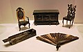 Objects made with polished animal horn (comb) coffer, chairs and fan) from Campeche, Mexico on display at the Museum of Artes Populares in Mexico City