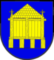 Das Wappen von Husby mit dem Holzhaus