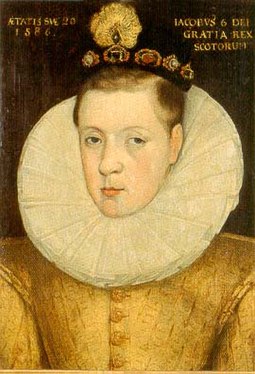 James VI in 1586, aged twenty, three years before his marriage to Anne. Falkland Palace, Fife. James VI of Scotland aged 20, 1586..jpg