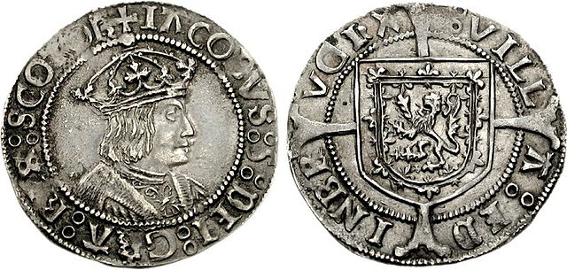 Images of a silver coin: one side showing a crowned king and the other the heraldic lion rampant of Scotland on a shield, both surrounded by writing.