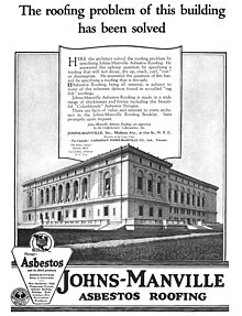 An advertisement for Johns-Manville asbestos roofing used in the construction of the Detroit Public Library's main building, 1921 Johns-Manville Asbestos Roofing.jpg