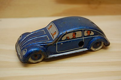 1940 KDF-wagen (Volkswagen Beetle) tin-plate toy, by the Nuremberg toymaker Georg Fischer, displayed in the  Museum der Arbeit, Hamburg, Germany