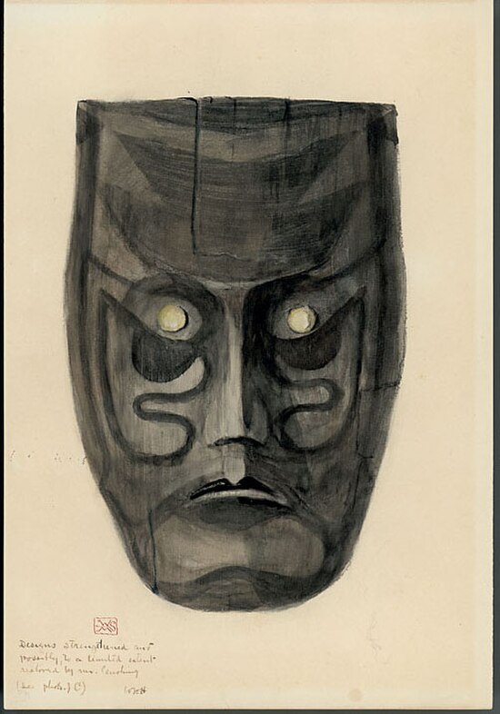 Watercolor of mask excavated at Key Marco, made by Caloosas or a closely related people
