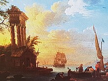 Un port avec ruines et bateau à voiles et personnages.