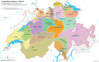 Mapa de los cantones suizos a finales de 1798 en el que cada uno de ellos tiene un color diferente.