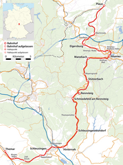 Mapa przebiegu linii kolejowej 6694 (Plaue–Rennsteig), 6708 (Rennsteig–Themar)[1]