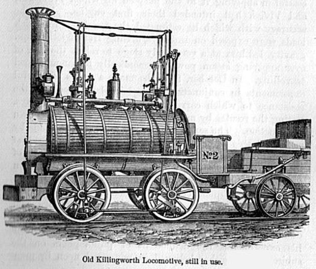 Early Stephenson locomotive in Samuel Smiles' Lives of the Engineers (1862). Called an 1816 Killingworth Colliery locomotive (often claimed to be Blüc