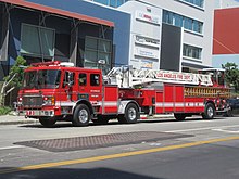 An American LaFrance tiller truck with the Los Angeles Fire Department LAFD Truck 3 with tiller.jpg