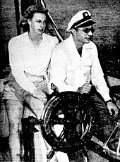 Hubbard and Northrup aboard the schooner Blue Water II in Miami, Florida, June 1946. L Ron and Sara Hubbard June 1946.jpg