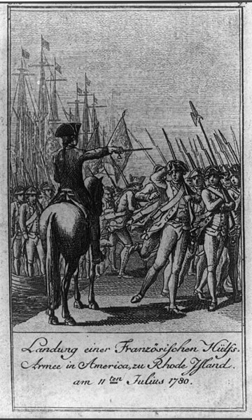 Landing of a French auxiliary army in Newport, Rhode Island on 11 July 1780 under the command of the comte de Rochambeau. This image is one of 12 scen