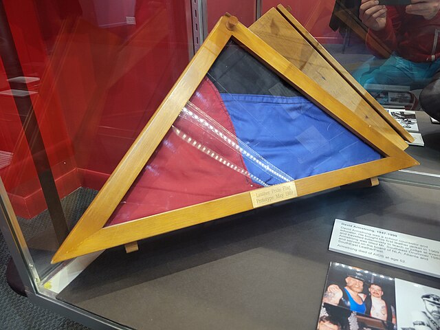 One of three prototype leather pride flags, created by Tony DeBlase in 1989, on display at the Leather Archives & Museum.