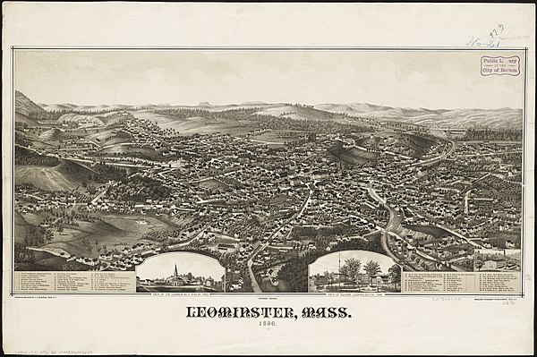 Lithograph of Leominster from 1886 by L. R. Burleigh with list of landmarks and depictions of town square and Commons areas