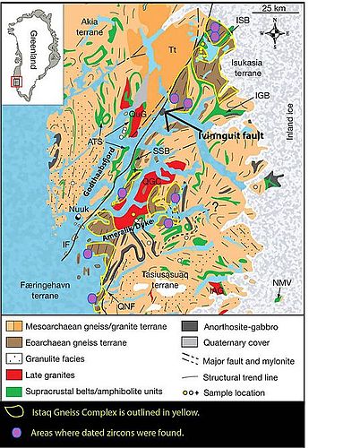 Map showing the location of the Isua Greenstone Belt (ISB, top right) within the Itsaq Gneiss Complex. Also shown are the younger Akia Terrane to the northwest, and Tasiusasuaq Terrane to the south. Modified from Nutman et al., 2007 and Naerra et al., 2012. Li 2.jpg