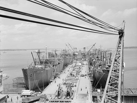 Liberty ships being built along the waterfront (August 1942)