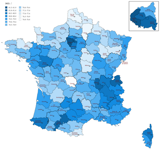 Life expectancy in the departments of metropolitan France in 2022 for male and female[1]